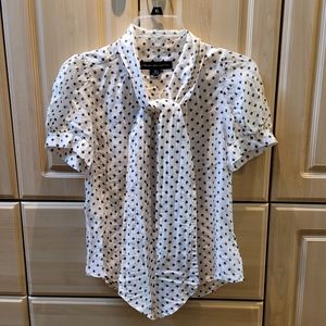 French Connection Puff Sleeve Button White Black Print Blouse Sz Small
